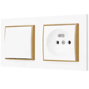 Włącznik pojedynczy z gniazdem pojedynczym z ramką prostą seria MINI kolor biały mat/złoty