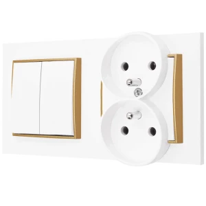 Włącznik podwójny z gniazdem podwójnym z ramką prostą seria MINI kolor biały mat/złoty