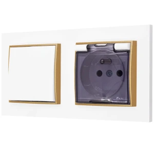 Włącznik pojedynczy z gniazdem hermetycznym z ramką prostą seria MINI kolor biały mat/złoty