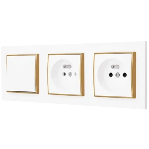 Włącznik pojedynczy i dwa gniazda pojedyncze z ramką prostą seria MINI kolor biały mat/złoty