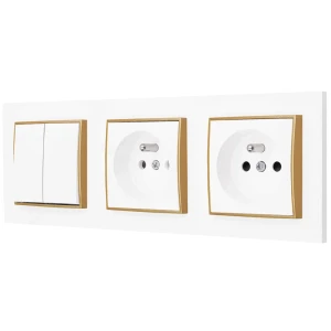 Włącznik podwójny i dwa gniazda pojedyncze z ramką prostą seria MINI kolor biały mat/złoty