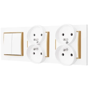 Włącznik podwójny i dwa gniazda podwójne z ramką prostą seria MINI kolor biały mat/złoty