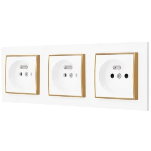 Trzy gniazda pojedyncze z ramką prostą seria MINI kolor biały mat/złoty
