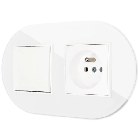 Włącznik pojedynczy z gniazdem pojedynczym z ramką okrągłą efekt szkła seria ICON kolor biały