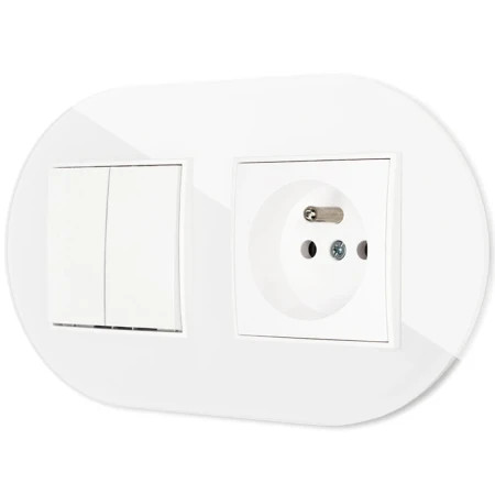 Włącznik podwójny z gniazdem pojedynczym z ramką okrągłą efekt szkła seria ICON kolor biały