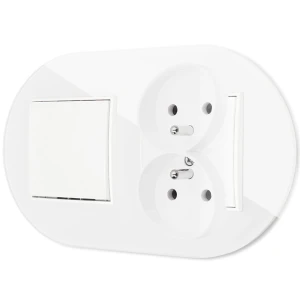 Włącznik pojedynczy z gniazdem podwójnym z ramką okrągłą efekt szkła seria ICON kolor biały