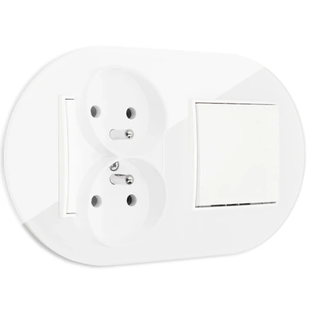 Włącznik pojedynczy z gniazdem podwójnym z ramką okrągłą efekt szkła seria ICON kolor biały