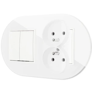 Włącznik podwójny z gniazdem podwójnym z ramką okrągłą efekt szkła seria ICON kolor biały