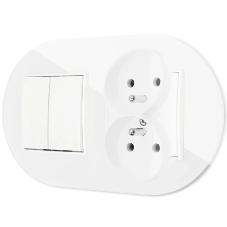 Włącznik podwójny z gniazdem podwójnym z ramką okrągłą efekt szkła seria ICON kolor biały