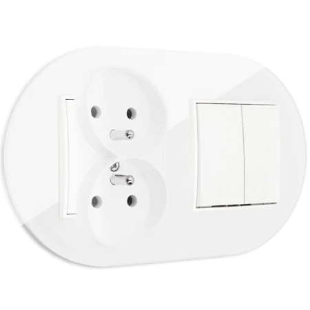Włącznik podwójny z gniazdem podwójnym z ramką okrągłą efekt szkła seria ICON kolor biały