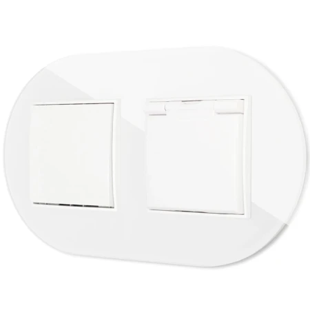 Włącznik pojedynczy z gniazdem hermetycznym z ramką okrągłą efekt szkła seria ICON kolor biały