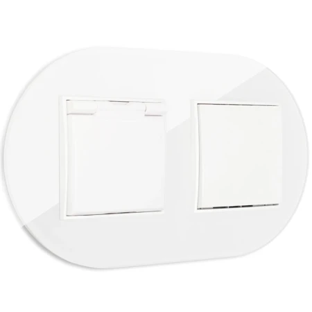 Włącznik pojedynczy z gniazdem hermetycznym z ramką okrągłą efekt szkła seria ICON kolor biały