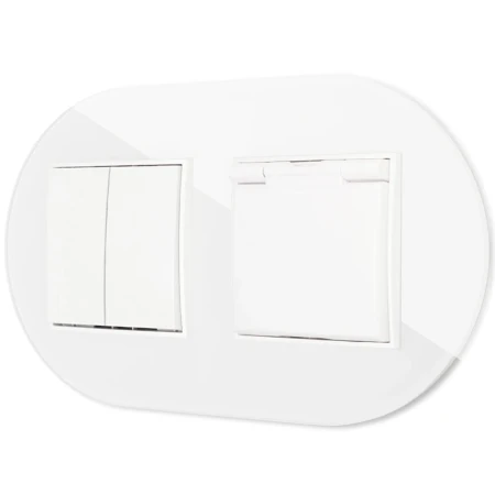 Włącznik podwójny z gniazdem hermetycznym z ramką okrągłą efekt szkła seria ICON kolor biały