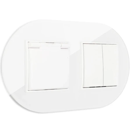 Włącznik podwójny z gniazdem hermetycznym z ramką okrągłą efekt szkła seria ICON kolor biały