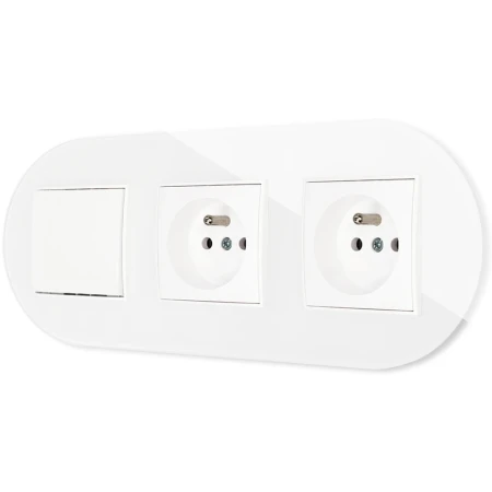 Włącznik pojedynczy i dwa gniazda pojedyncze z ramką okrągłą efekt szkła seria ICON kolor biały