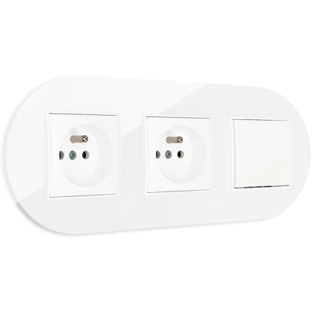 Włącznik pojedynczy i dwa gniazda pojedyncze z ramką okrągłą efekt szkła seria ICON kolor biały