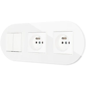 Włącznik podwójny i dwa gniazda pojedyncze z ramką okrągłą efekt szkła seria ICON kolor biały