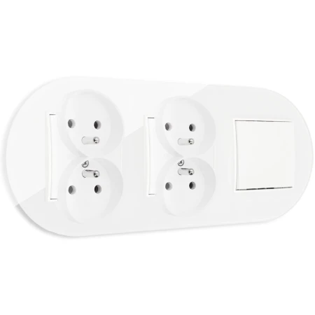 Włącznik pojedynczy i dwa gniazda podwójne z ramką okrągłą efekt szkła seria ICON kolor biały