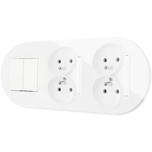 Włącznik podwójny i dwa gniazda podwójne z ramką okrągłą efekt szkła seria ICON kolor biały