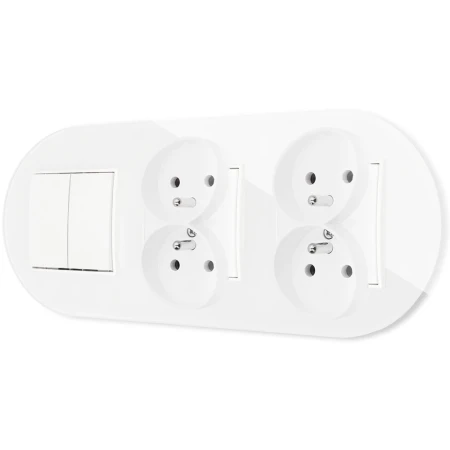 Włącznik podwójny i dwa gniazda podwójne z ramką okrągłą efekt szkła seria ICON kolor biały