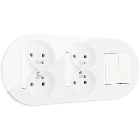 Włącznik podwójny i dwa gniazda podwójne z ramką okrągłą efekt szkła seria ICON kolor biały