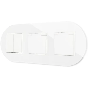 Włącznik podwójny i dwa gniazda hermetyczne z ramką okrągłą efekt szkła seria ICON kolor biały