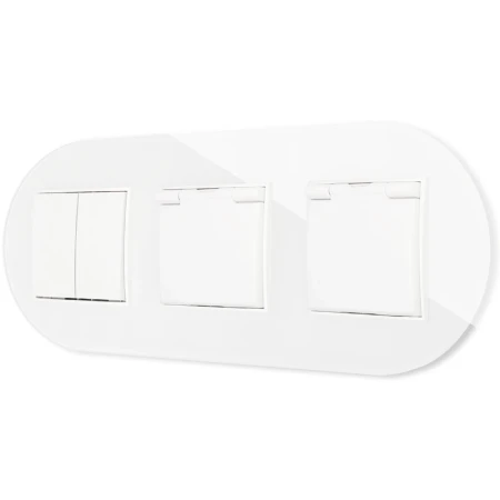 Włącznik podwójny i dwa gniazda hermetyczne z ramką okrągłą efekt szkła seria ICON kolor biały