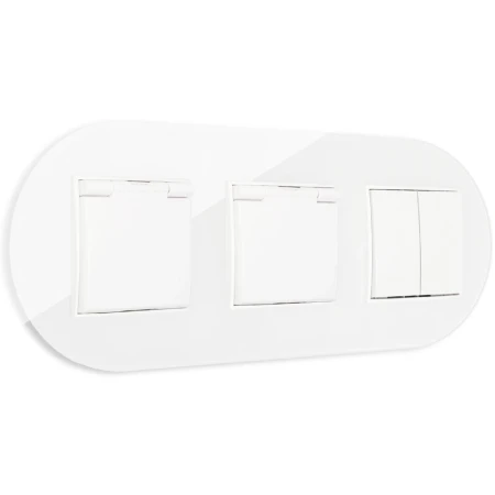 Włącznik podwójny i dwa gniazda hermetyczne z ramką okrągłą efekt szkła seria ICON kolor biały