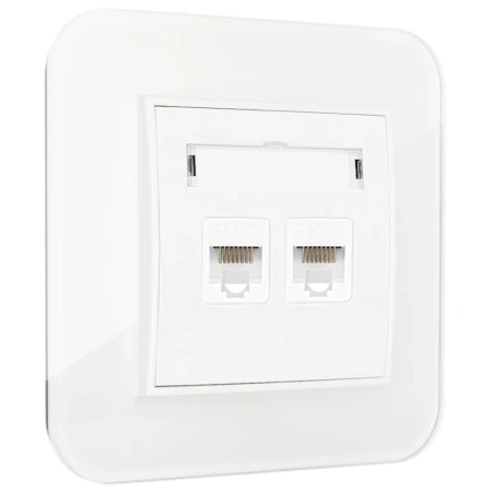 Gniazdo internetowe rj45 2x z ramką zaokrągloną efekt szkła seria ICON kolor biały