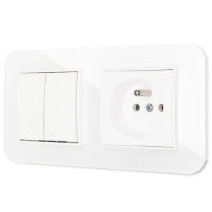 Włącznik podwójny z gniazdem pojedynczym z ramką zaokrągloną efekt szkła seria ICON kolor biały