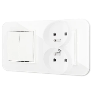 Włącznik podwójny z gniazdem podwójnym z ramką zaokrągloną efekt szkła seria ICON kolor biały