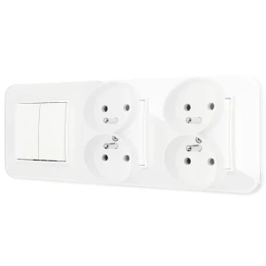 Włącznik podwójny i dwa gniazda podwójne z ramką zaokrągloną efekt szkła seria ICON kolor biały