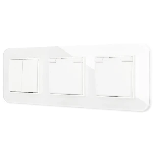 Włącznik podwójny i dwa gniazda hermetyczne z ramką zaokrągloną efekt szkła seria ICON kolor biały