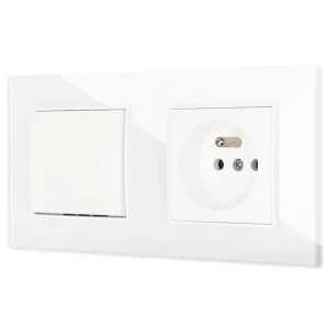 Włącznik pojedynczy z gniazdem pojedynczym z ramką kwadratową efekt szkła seria ICON kolor biały