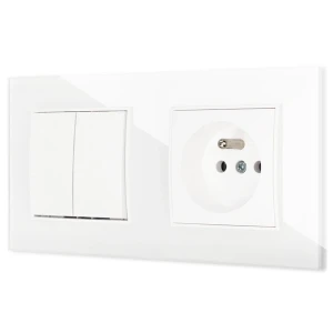 Włącznik podwójny z gniazdem pojedynczym z ramką kwadratową efekt szkła seria ICON kolor biały
