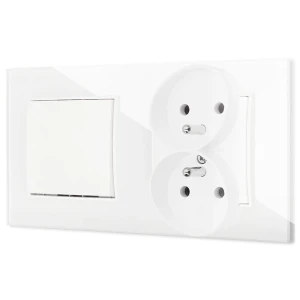 Włącznik pojedynczy z gniazdem podwójnym z ramką kwadratową efekt szkła seria ICON kolor biały
