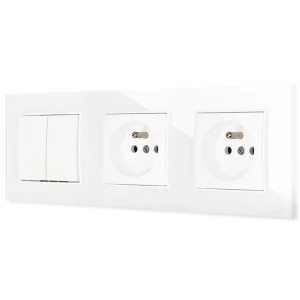Włącznik podwójny i dwa gniazda pojedyncze z ramką kwadratową efekt szkła seria ICON kolor biały