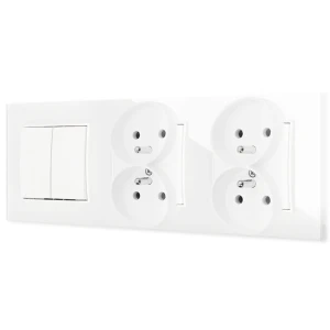 Włącznik podwójny i dwa gniazda podwójne z ramką kwadratową efekt szkła seria ICON kolor biały