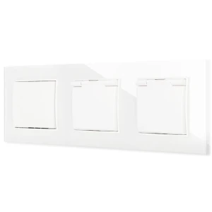 Włącznik pojedynczy i dwa gniazda hermetyczne z ramką kwadratową efekt szkła seria ICON kolor biały