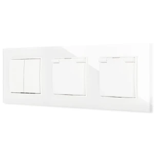 Włącznik podwójny i dwa gniazda hermetyczne z ramką kwadratową efekt szkła seria ICON kolor biały