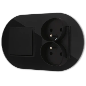 Włącznik pojedynczy z gniazdem podwójnym z ramką okrągłą efekt szkła seria ICON kolor czarny