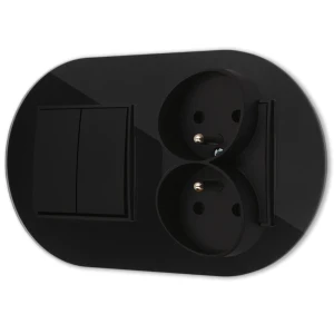 Włącznik podwójny z gniazdem podwójnym z ramką okrągłą efekt szkła seria ICON kolor czarny