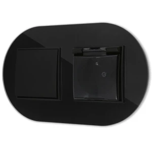 Włącznik pojedynczy z gniazdem hermetycznym z ramką okrągłą efekt szkła seria ICON kolor czarny