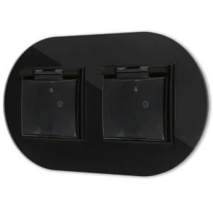 Dwa gniazda hermetyczne do łazienki z ramką okrągłą efekt szkła seria ICON kolor czarny