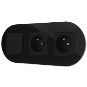 Włącznik pojedynczy i dwa gniazda pojedyncze z ramką okrągłą efekt szkła seria ICON kolor czarny