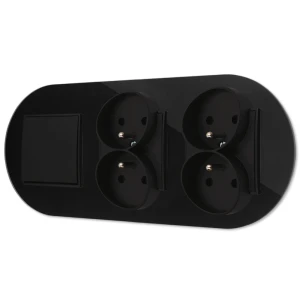 Włącznik pojedynczy i dwa gniazda podwójne z ramką okrągłą efekt szkła seria ICON kolor czarny