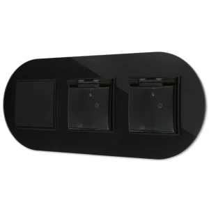 Włącznik pojedynczy i dwa gniazda hermetyczne z ramką okrągłą efekt szkła seria ICON kolor czarny