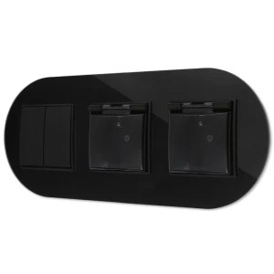 Włącznik podwójny i dwa gniazda hermetyczne z ramką okrągłą efekt szkła seria ICON kolor czarny