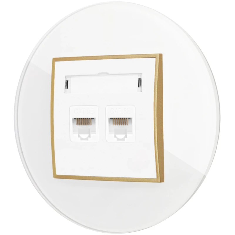 Gniazdo internetowe rj45 2x z ramką okrągłą efekt szkła seria ICON kolor biały/złoty