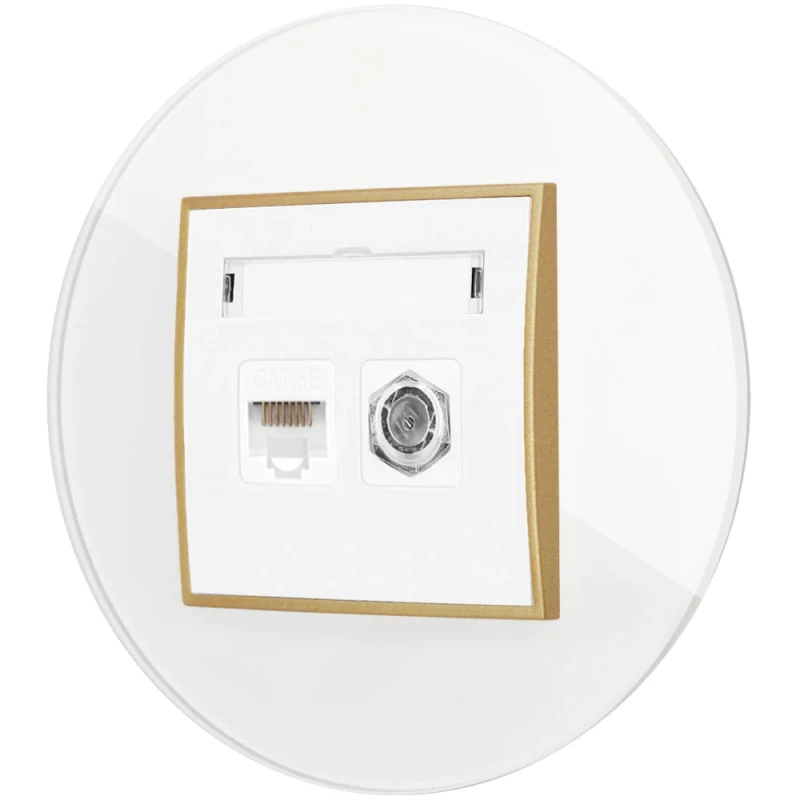 Gniazdo rj45/antenowe z ramką okrągłą efekt szkła seria ICON kolor biały/złoty